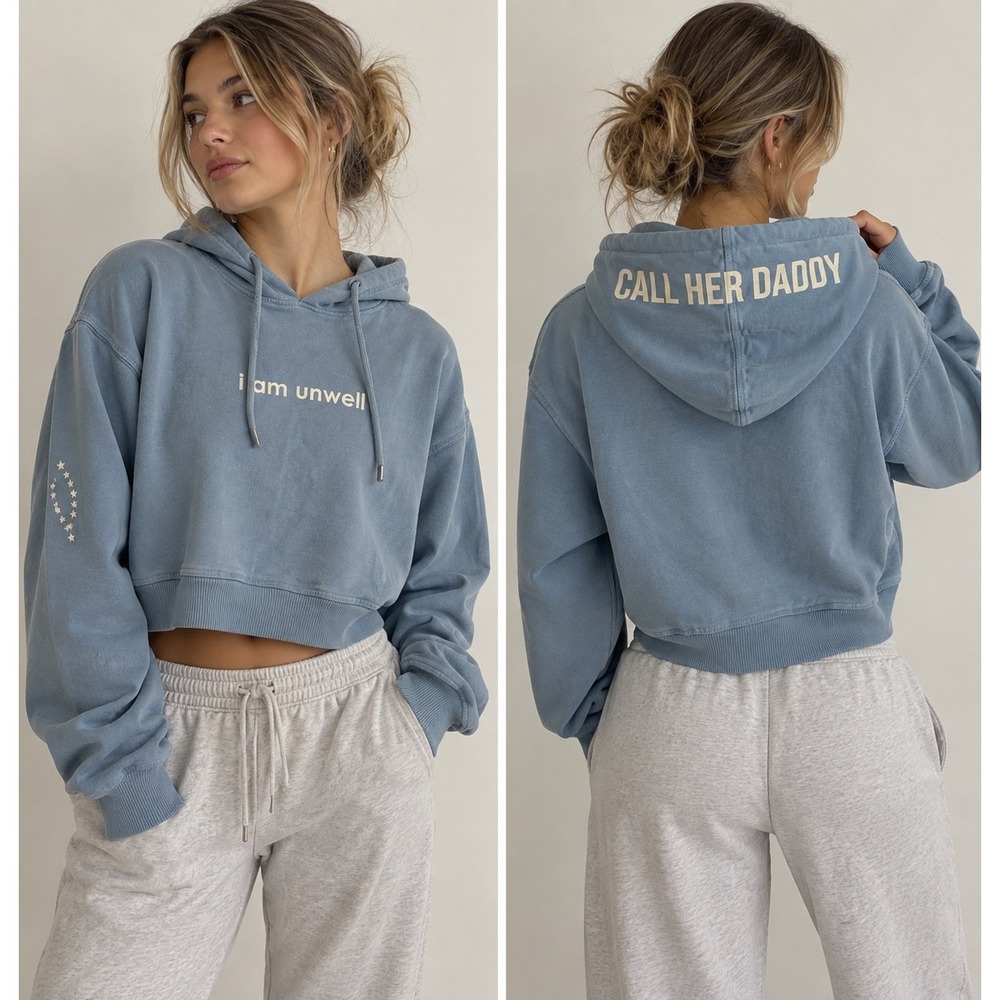 Barstool Call Her Daddy I Am Unwell Blue Cropped Hoodie Medium MD